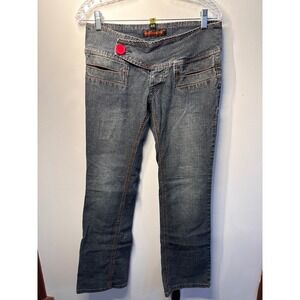 RARE Dollhouse Vintage Y2K Low Rise Flare Jeans Dark Wash Red Button Sz 5/6